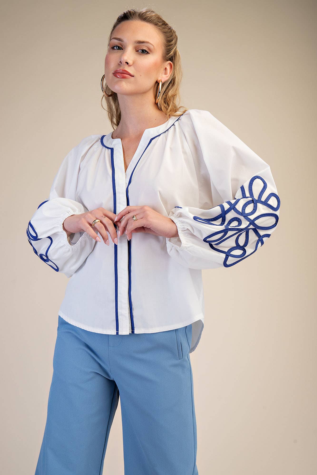 Soutache Contrast Detail Puff Sleeve Blouse