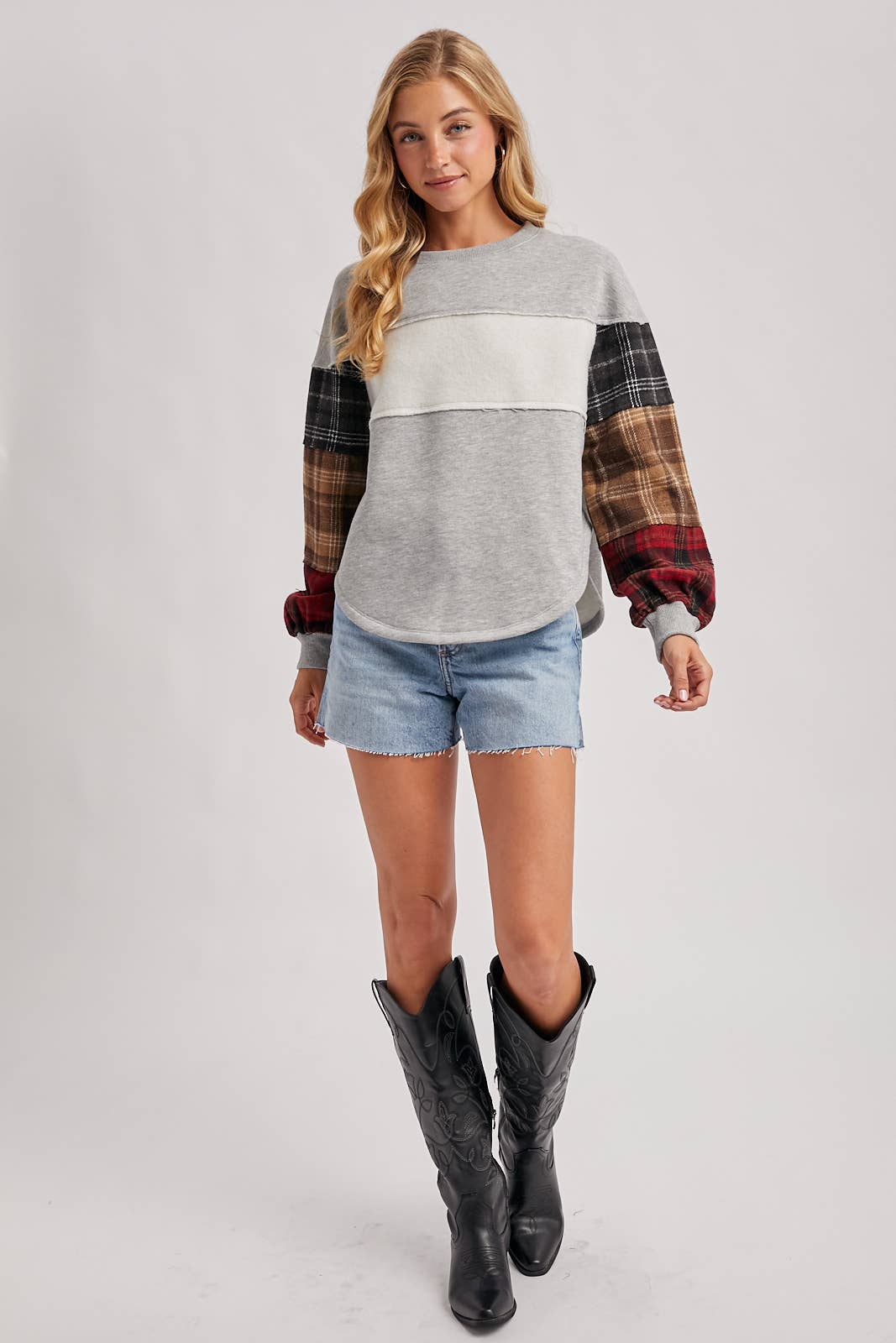 COLOR BLOCK PLAID FLANNEL PATCHED SWEATER