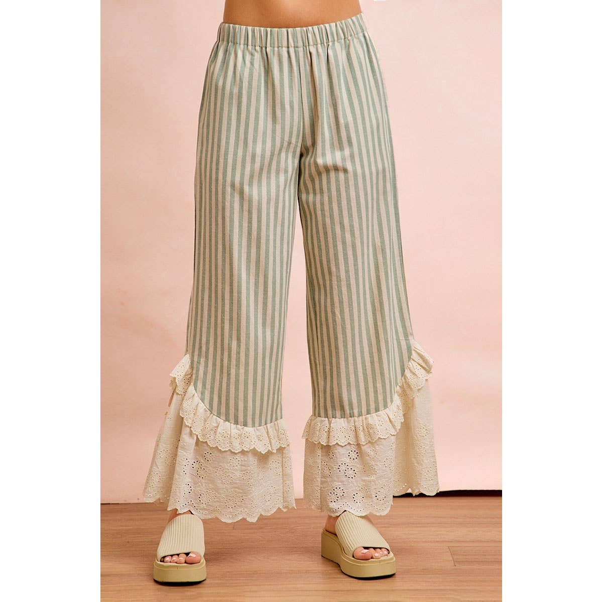 STRIPE WOVEN RUFFLED LACE HEM PANTS WITH SIDE POCKET