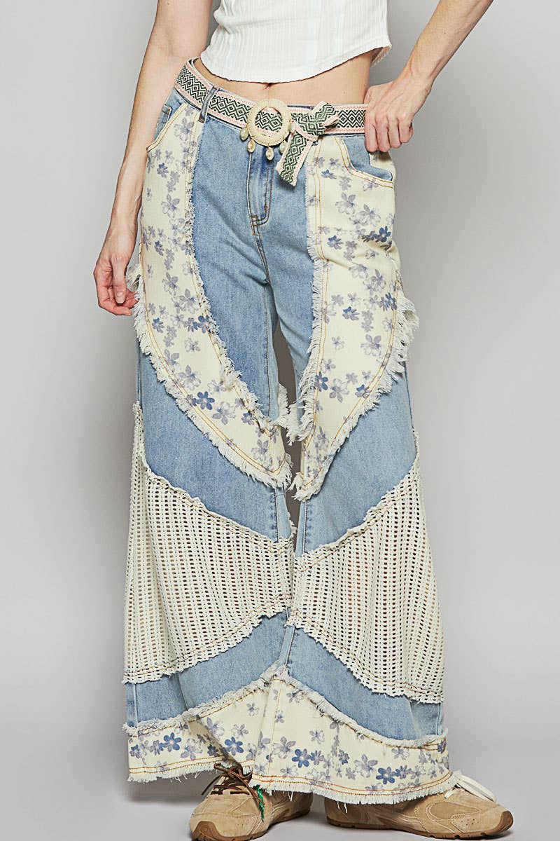 Floral print crochet contrast casual jeans