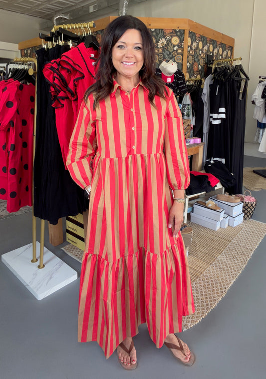 Striped Print Tiered Midi Shirt Dress