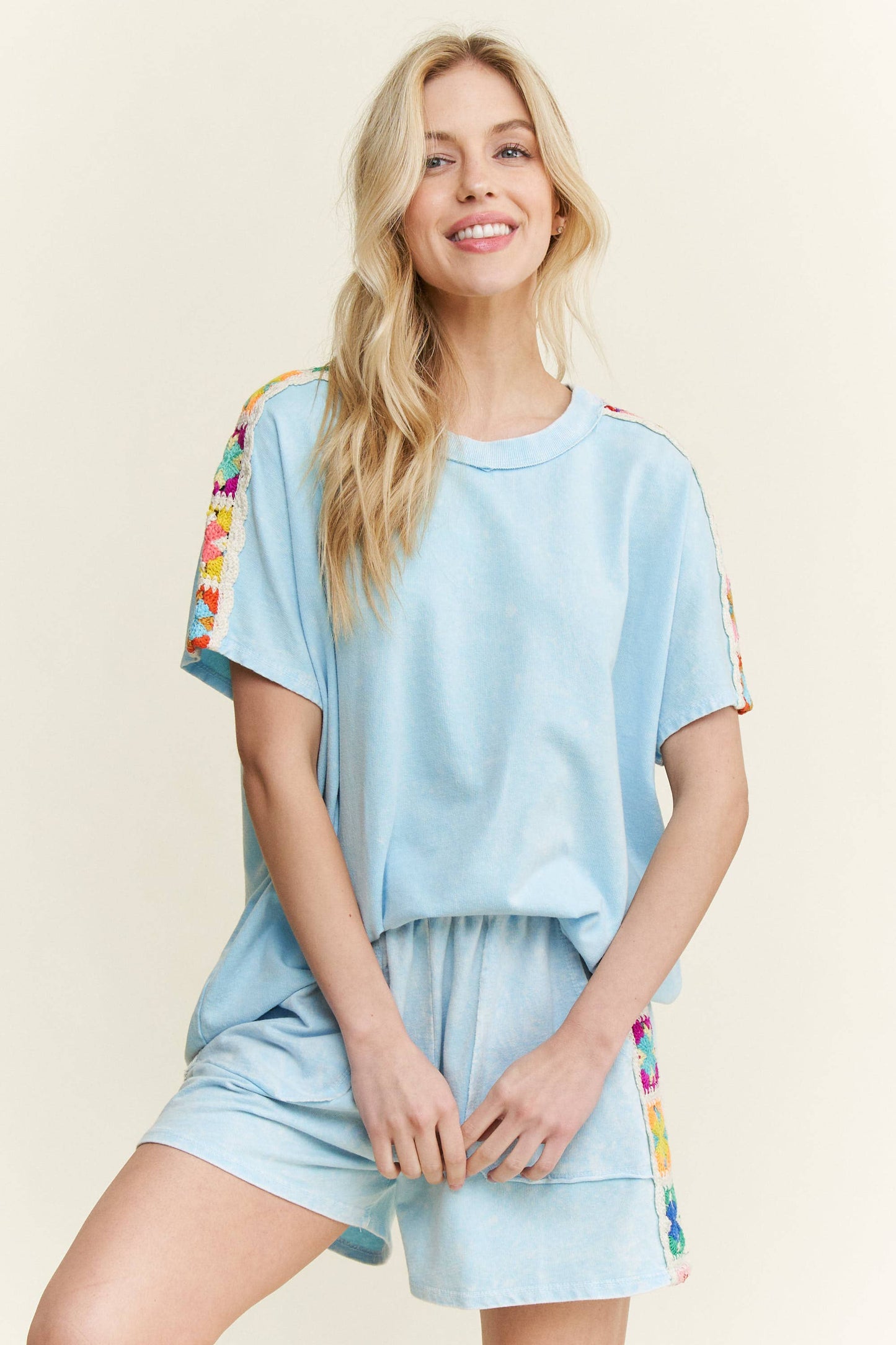 Mineral Washed Crochet Side Trim Top