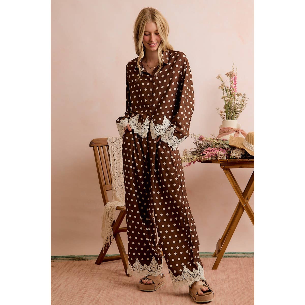 POLKA DOT WOVEN CROCHET LACE PANTS SET