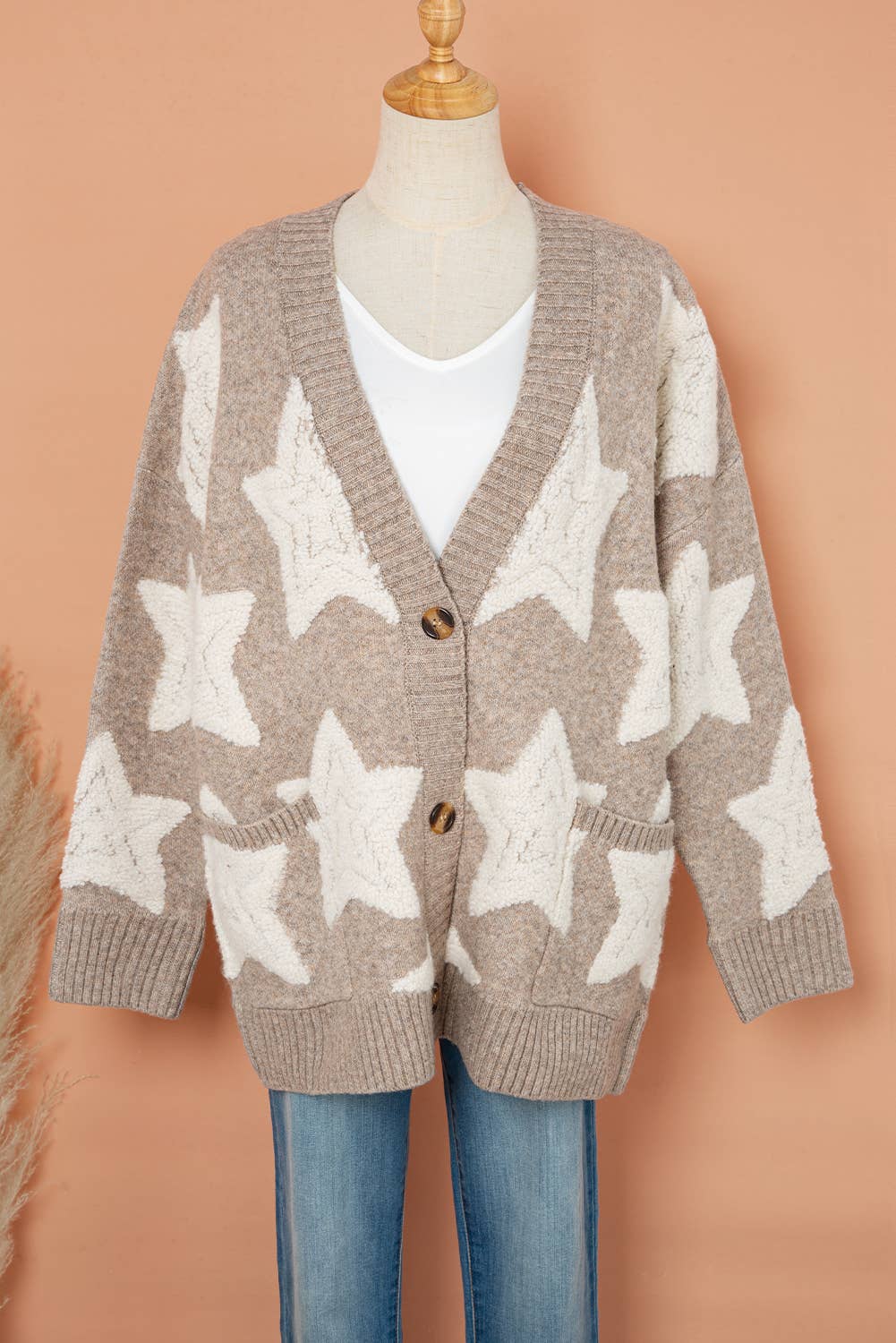 Star Pattern * Pockets Long Sleeve Knit Cardigan