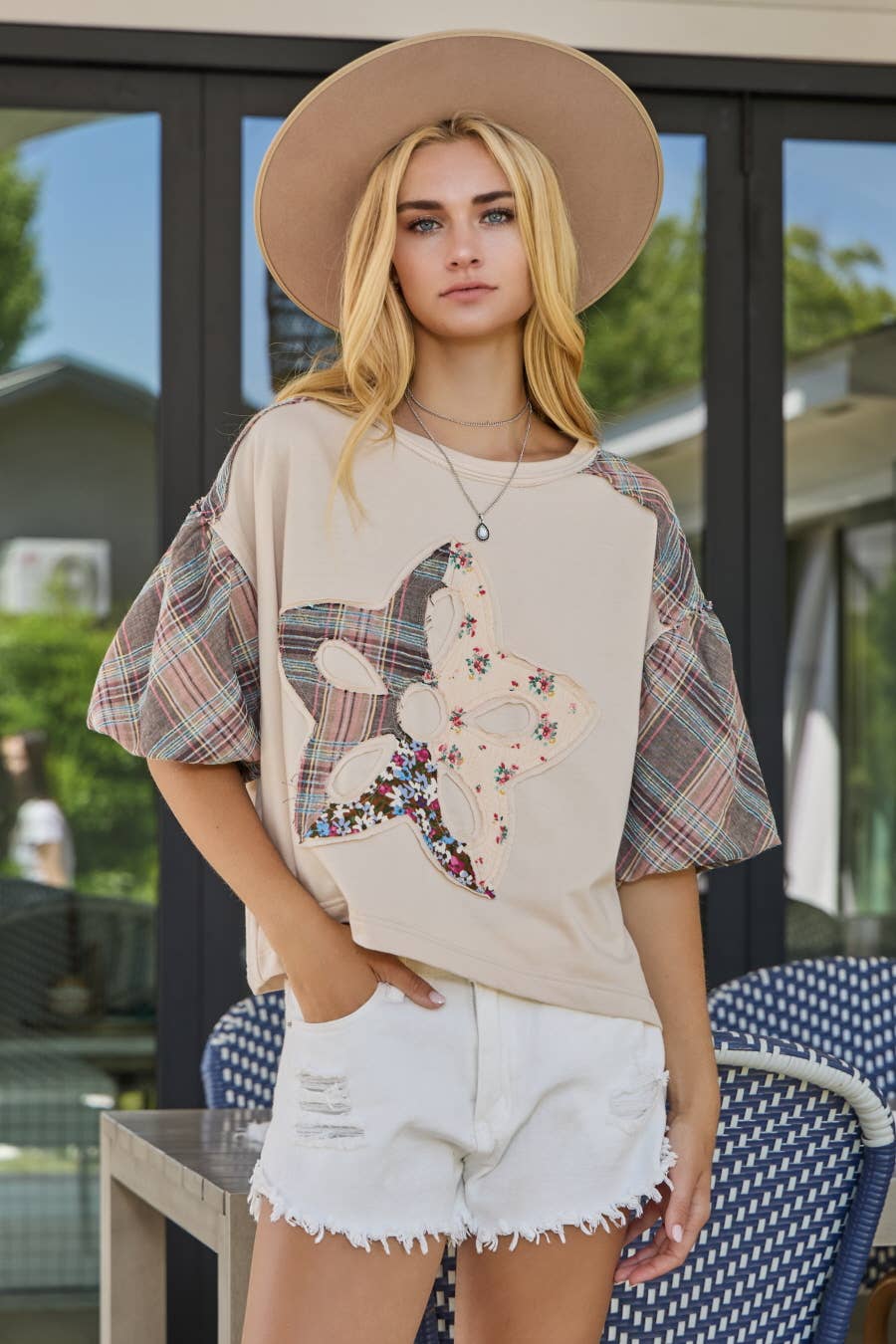 Print Mixed Fabric French Terry Top