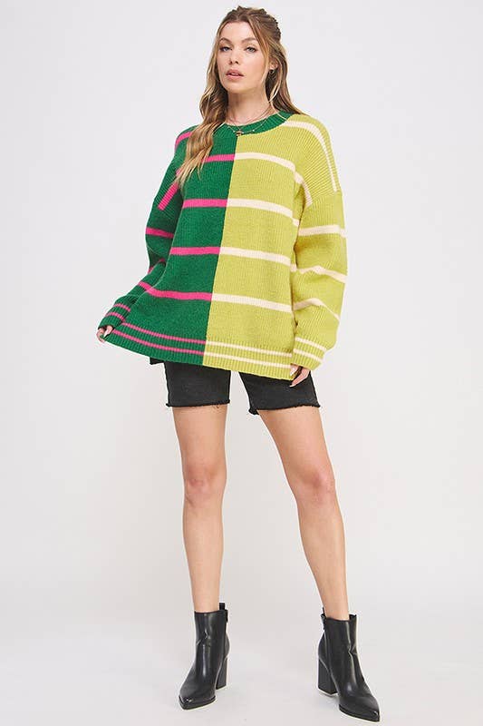 ROUND NECK STRIPED COLOR BLOCK SWEATER