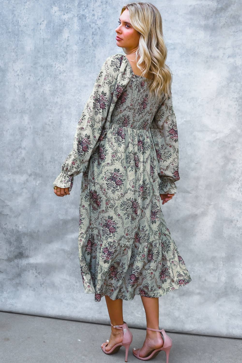 SHIRRED SMOCKING VINTAGE FLORAL PRINT MIDI DRESS