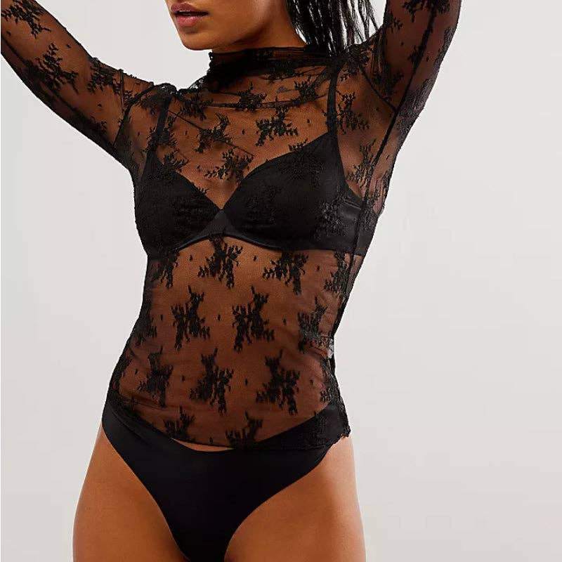 Floral Lace See Through Mesh Top Blouse