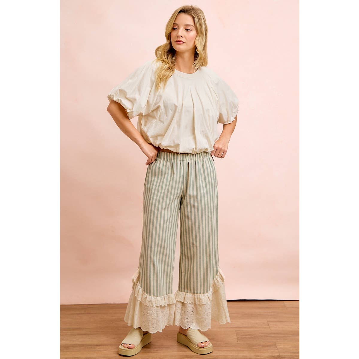 STRIPE WOVEN RUFFLED LACE HEM PANTS WITH SIDE POCKET