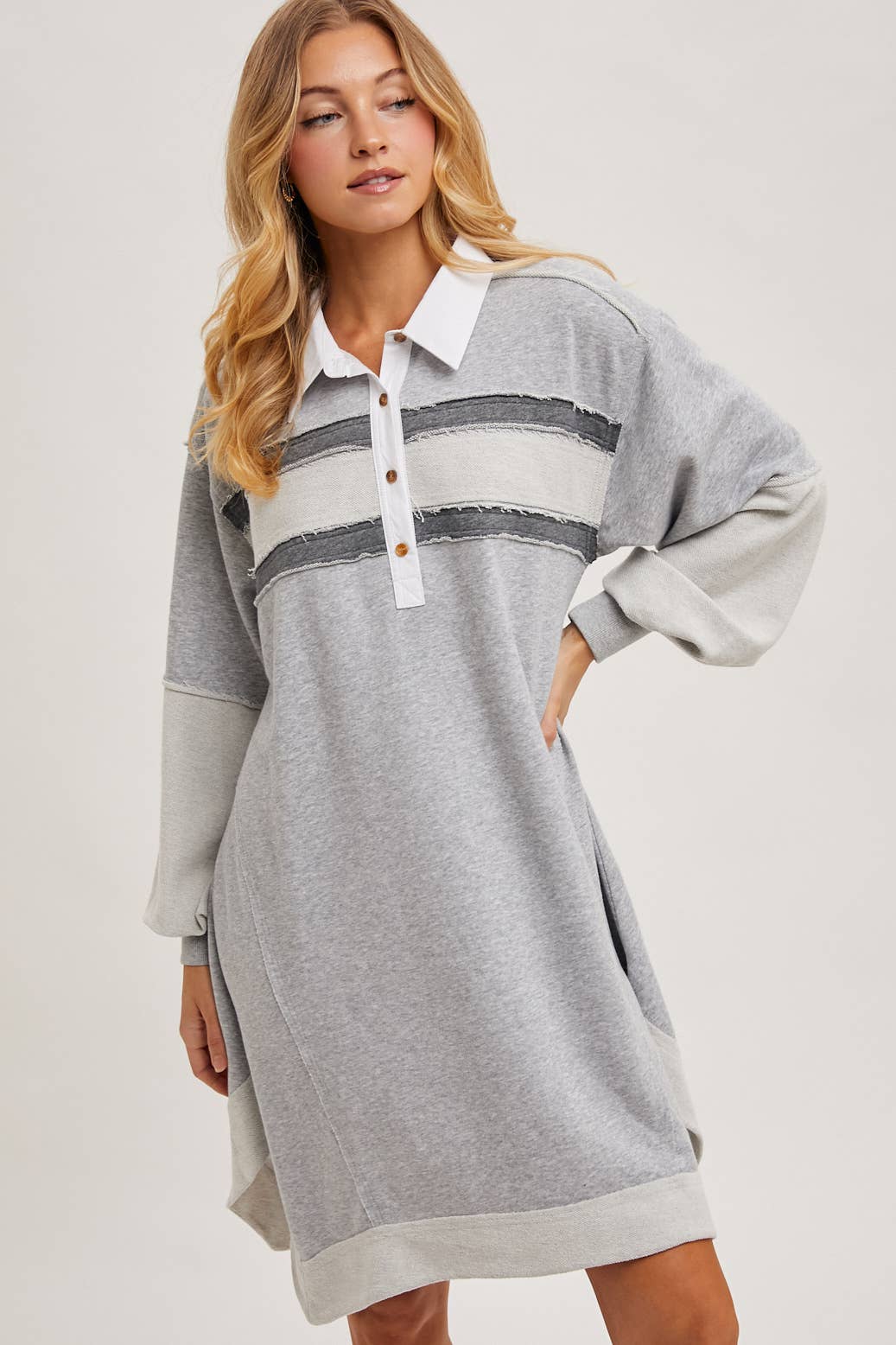 RAW-EDGE CONTRAST SLOUCHY POLO DRESS