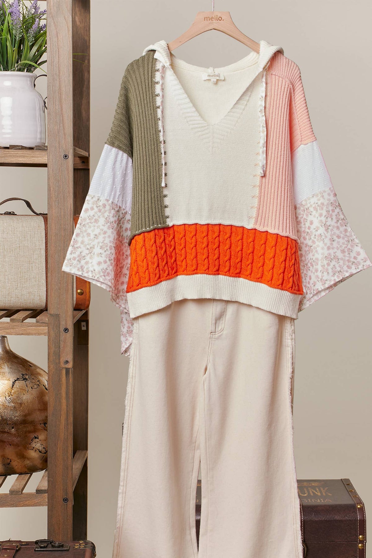 Color Block Crochet V Neck Hoodie