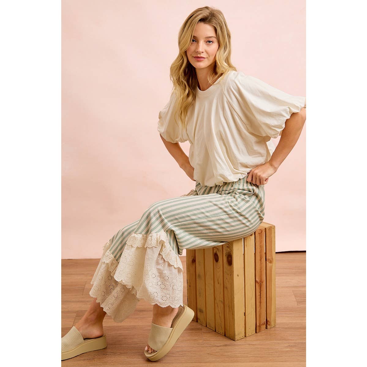STRIPE WOVEN RUFFLED LACE HEM PANTS WITH SIDE POCKET