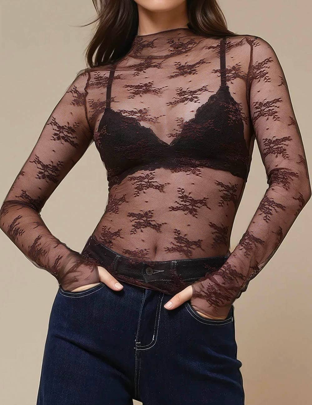 Floral Lace See Through Mesh Top Blouse