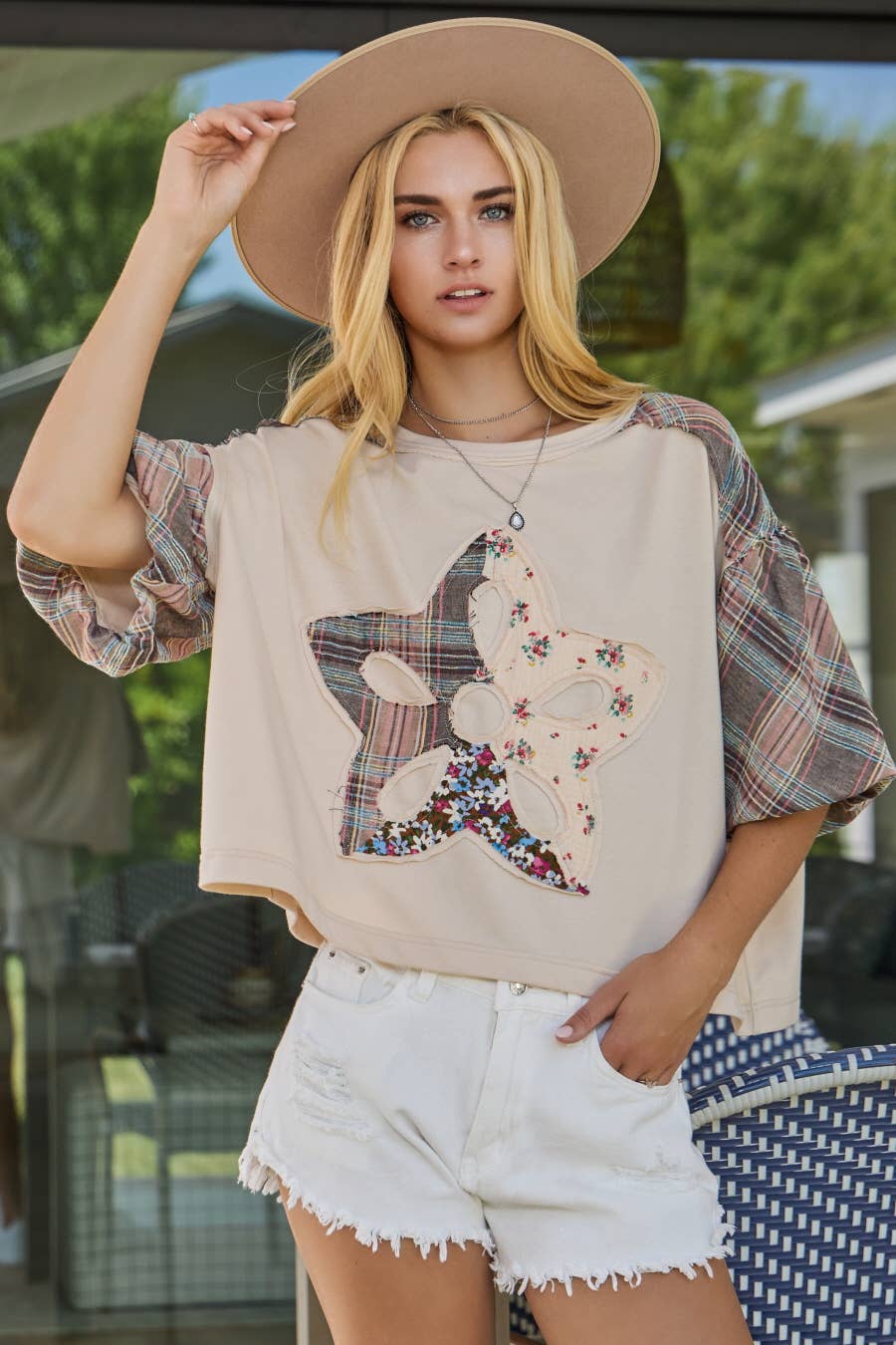 Print Mixed Fabric French Terry Top