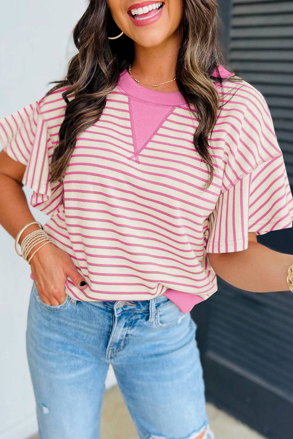 Bright Green Striped Ruffle Short Sleeve Top