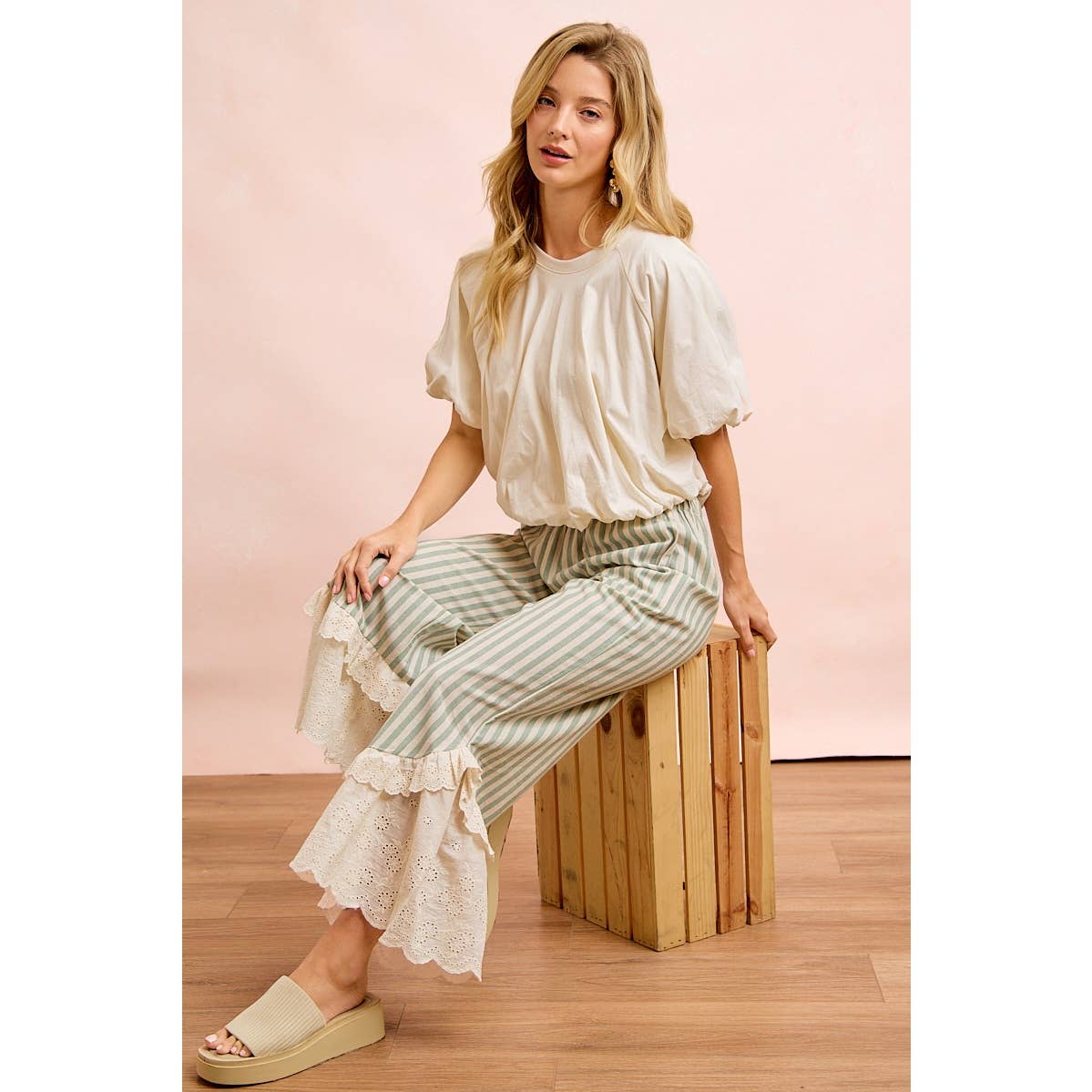 STRIPE WOVEN RUFFLED LACE HEM PANTS WITH SIDE POCKET