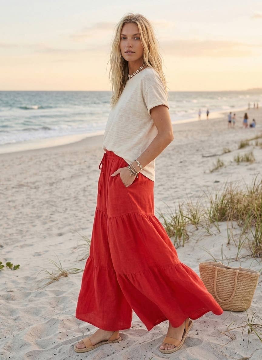 Linen Blend Tiered Wide Leg Palazzo Pants