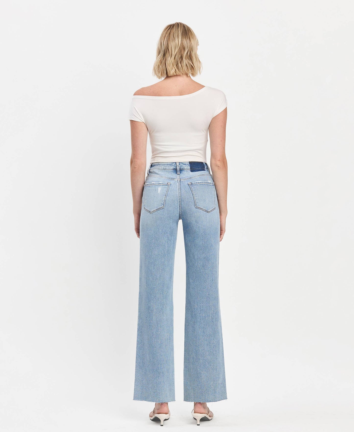 HIGH RISE CLEAN CUT RAW HEM WIDE LEG JEANS