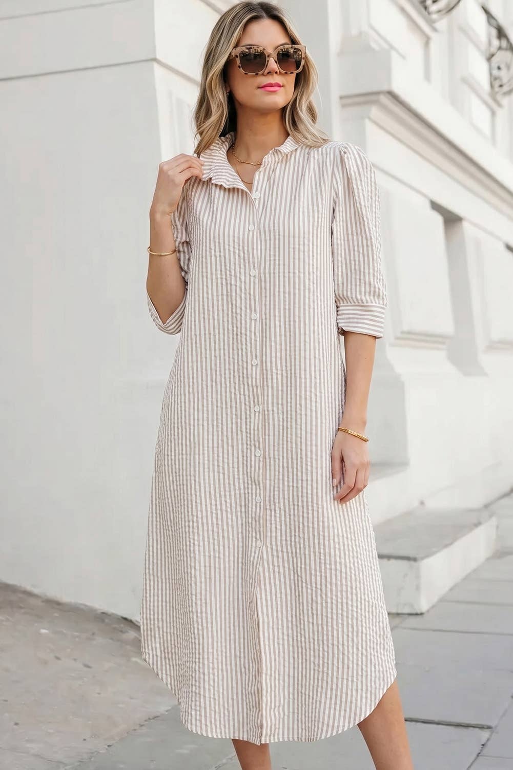 Stripe Frilled Collar Shirt Dress