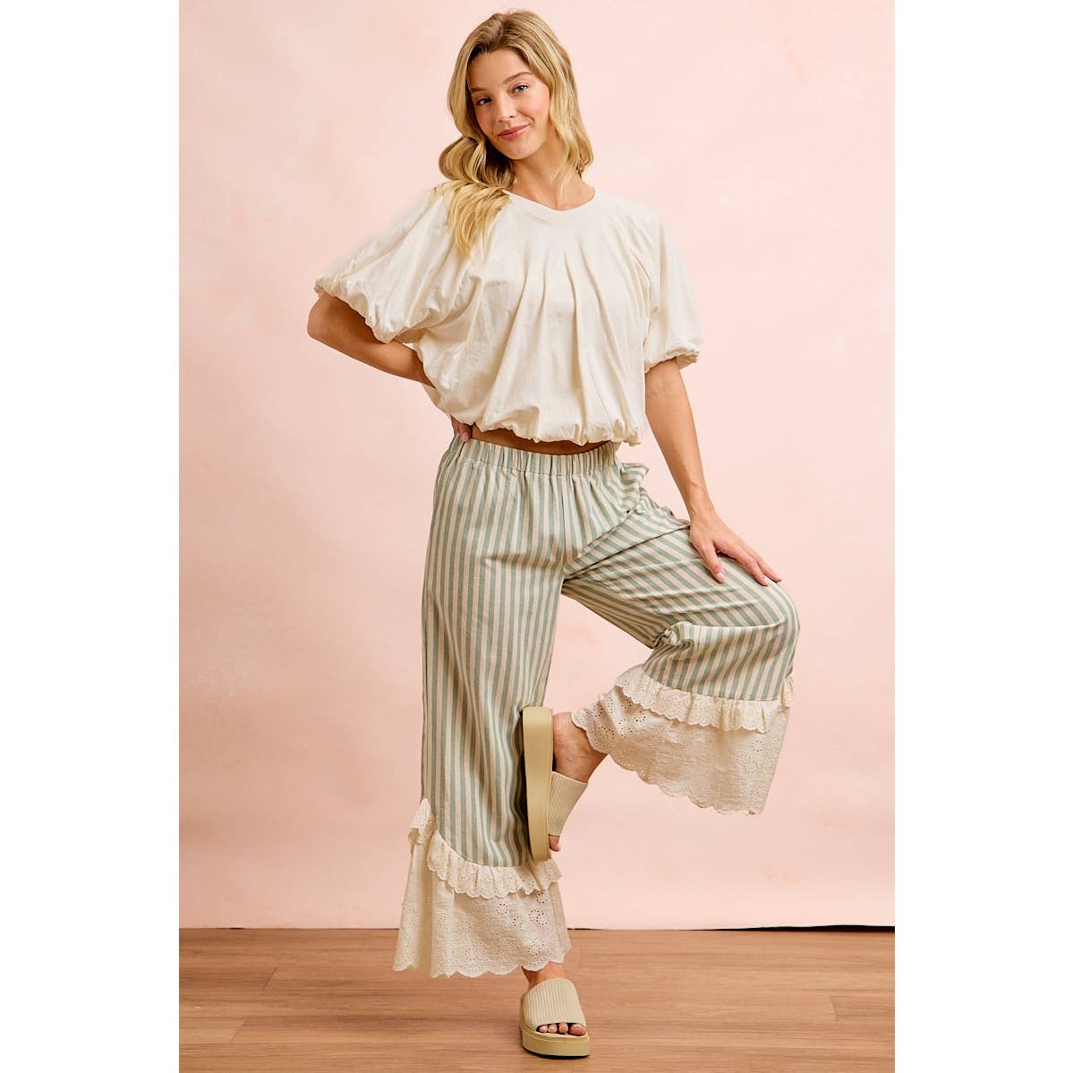STRIPE WOVEN RUFFLED LACE HEM PANTS WITH SIDE POCKET