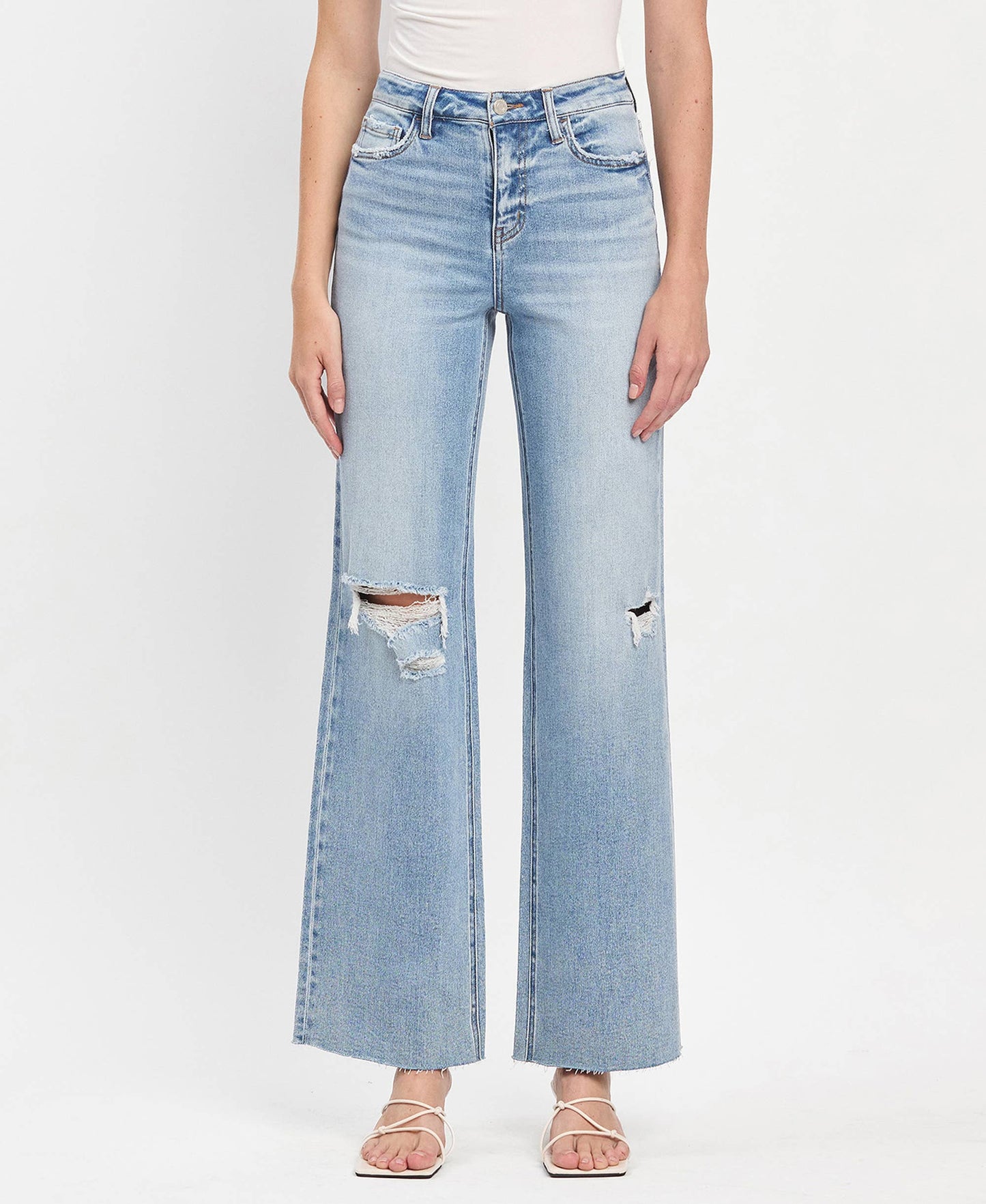 HIGH RISE CLEAN CUT RAW HEM WIDE LEG JEANS