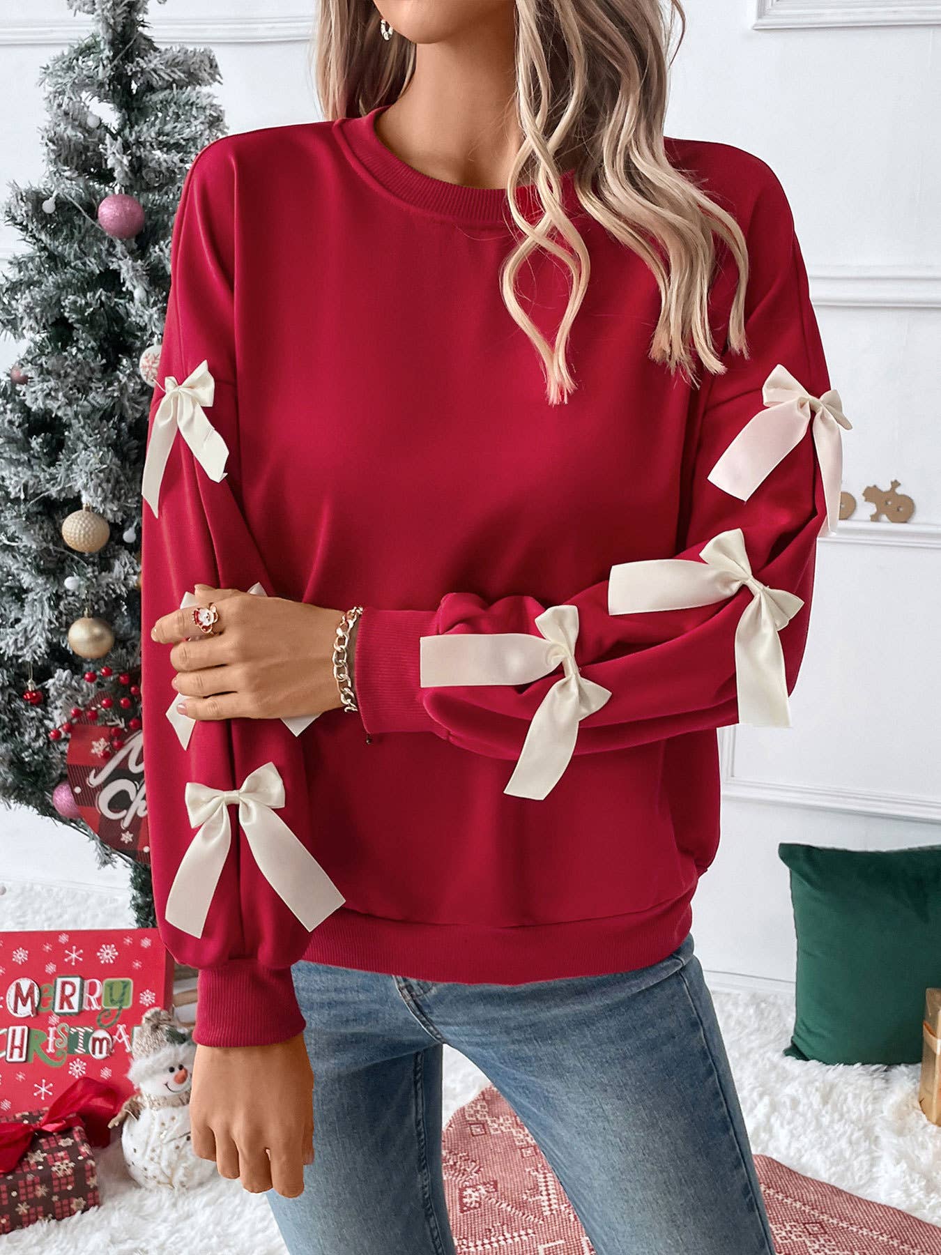 Valentine's Day Crew Neck Bow Red Sweatshirt