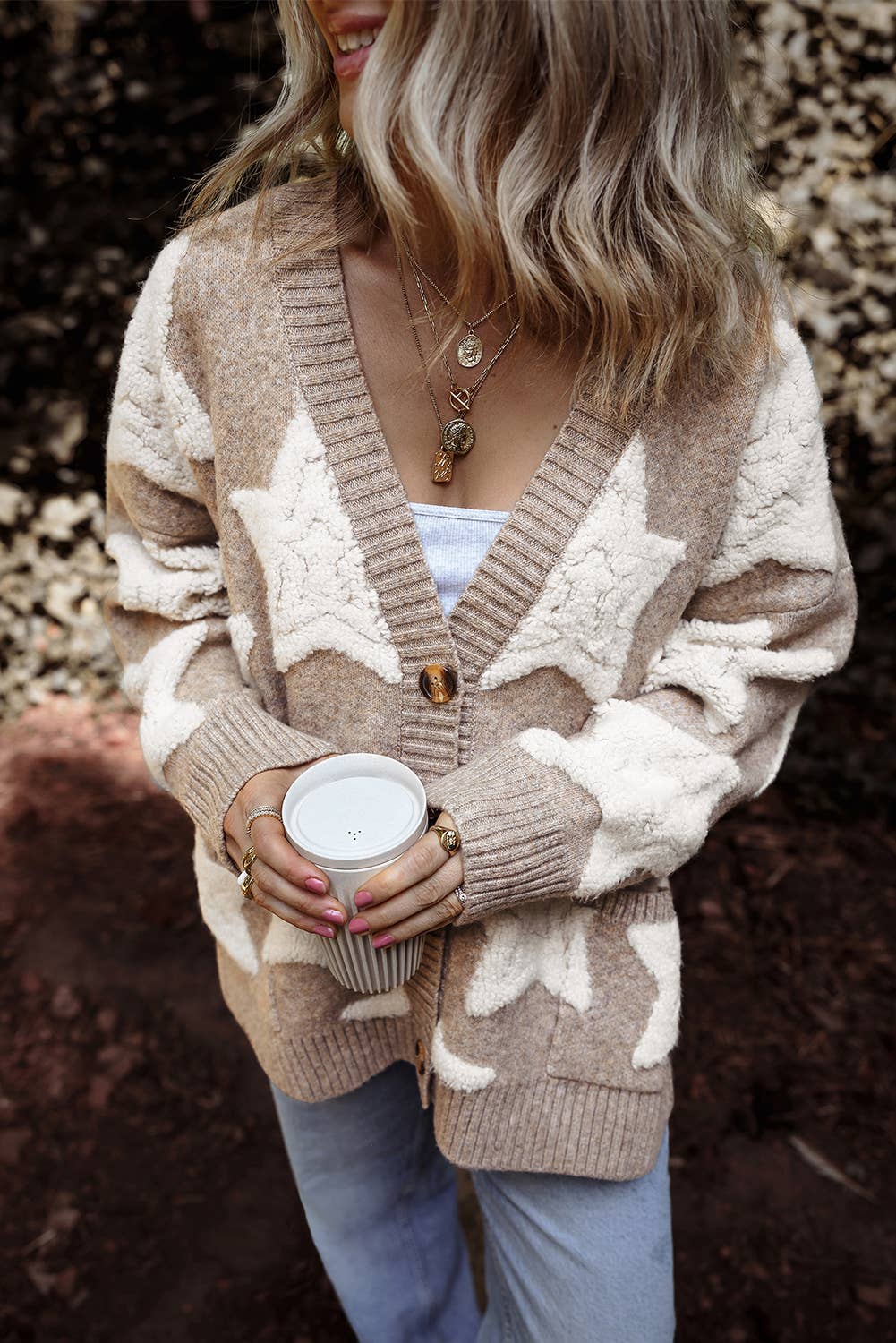 Star Pattern * Pockets Long Sleeve Knit Cardigan