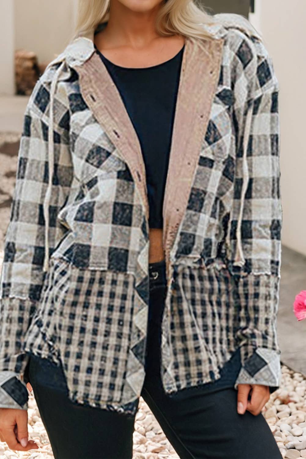 Double Plaid Patchwork Drawstring Hooded Shacket