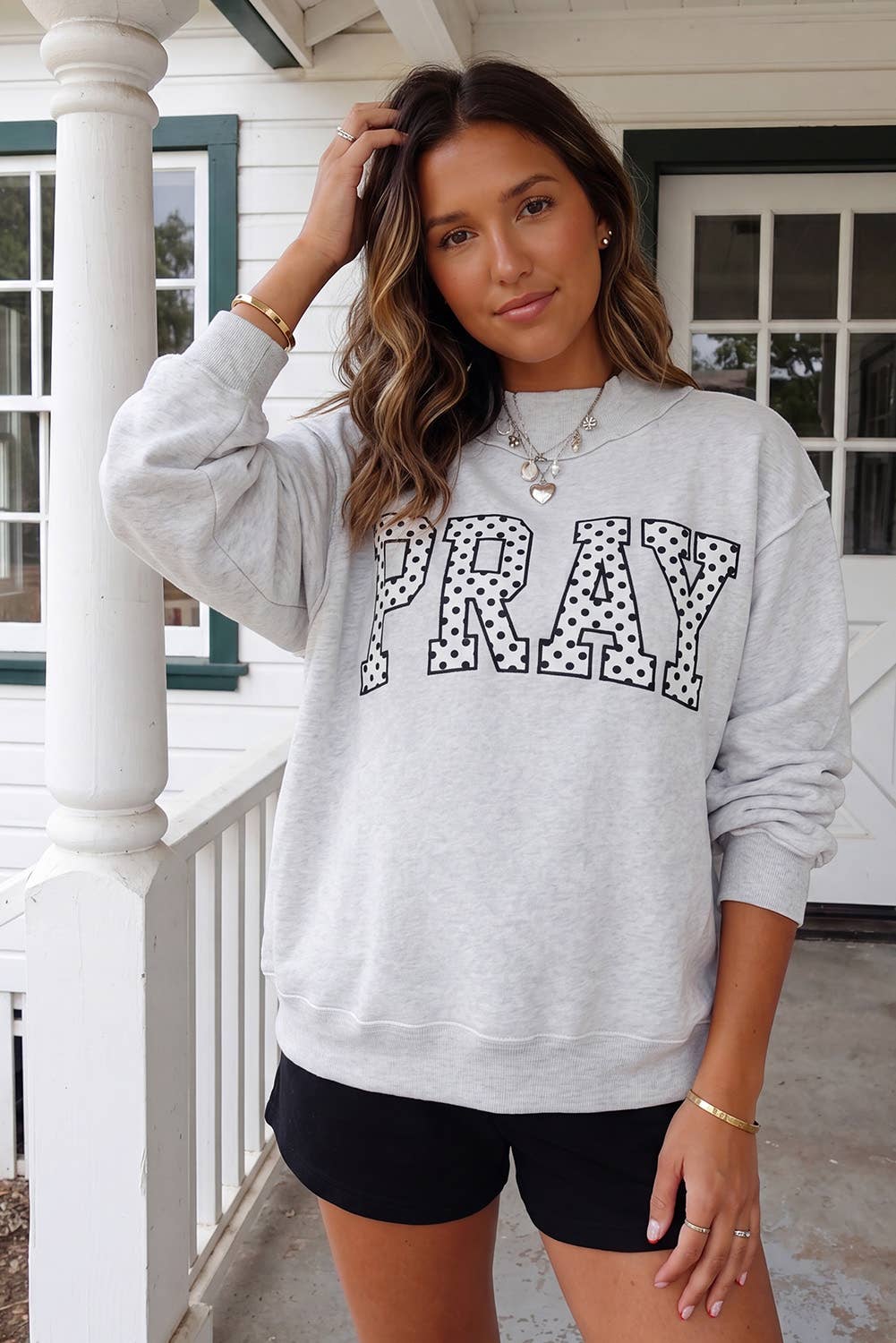 PRAY Polka Dot Embroidered Mock Neck Sweatshirt