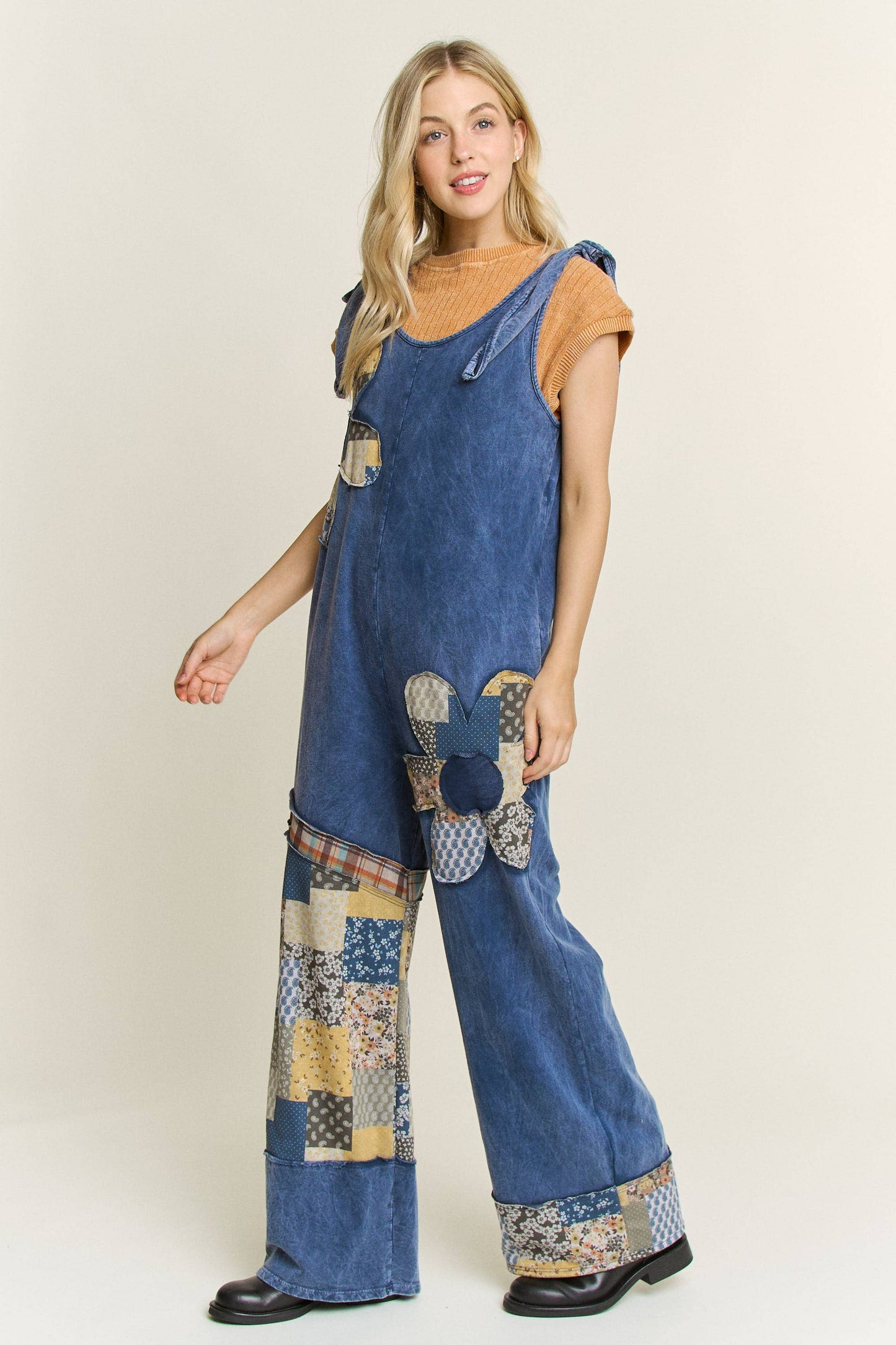 Mineral Washed Daisy Patchwork Tie Jumpsuit