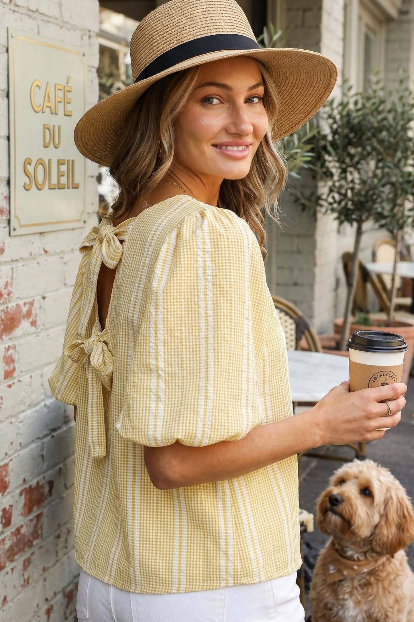 V-Back 2 Bow Accent Plaid Blouse Top