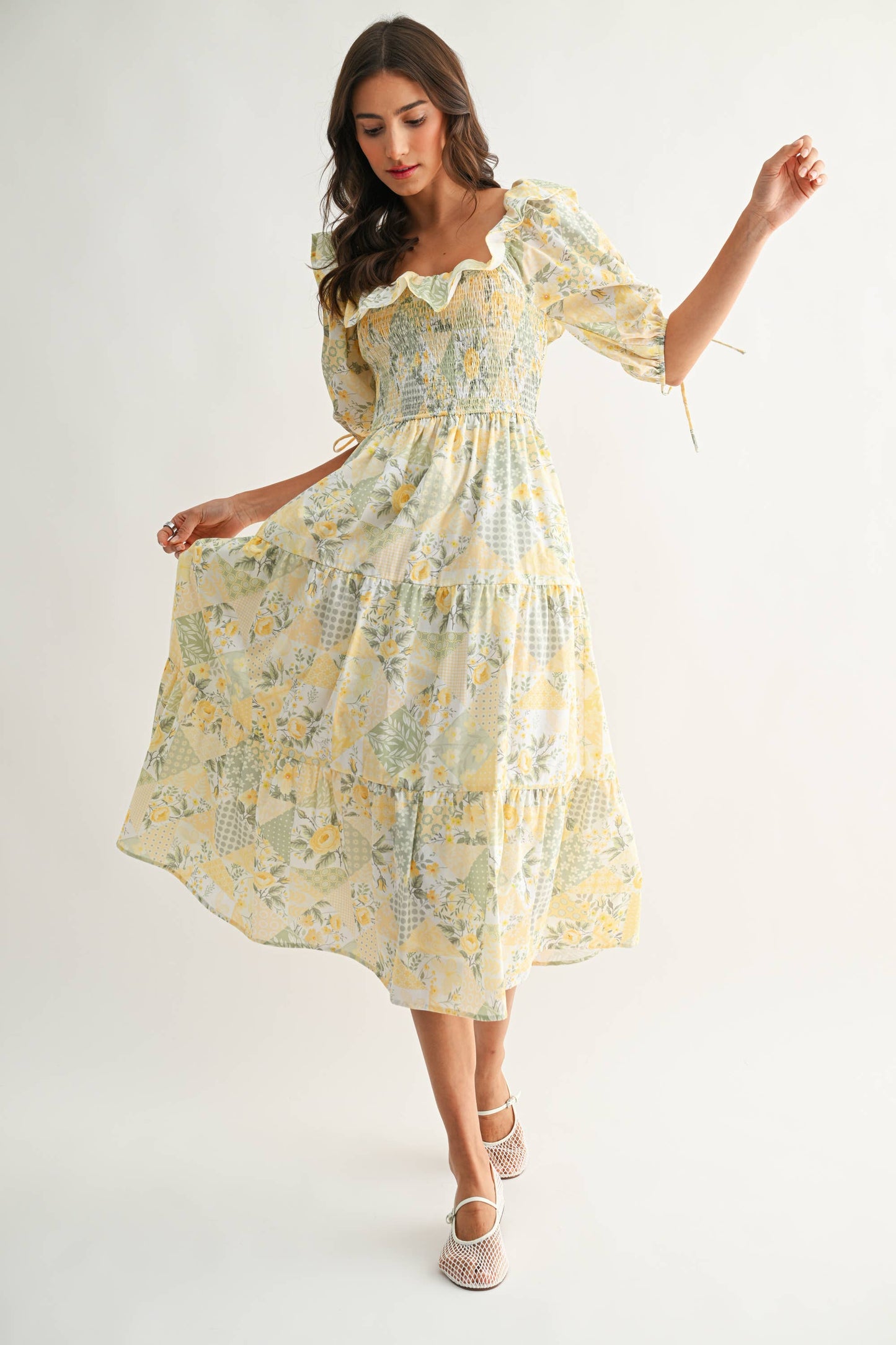 Sunshine Patchwork Smocked Midi Dress