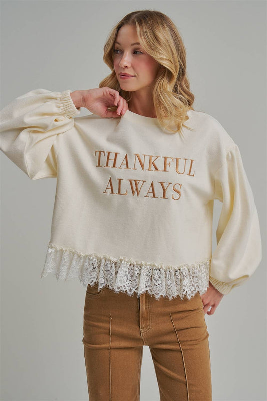 THANKFUL ALWAYS EMBROIDERED THANKSGIVING TOP