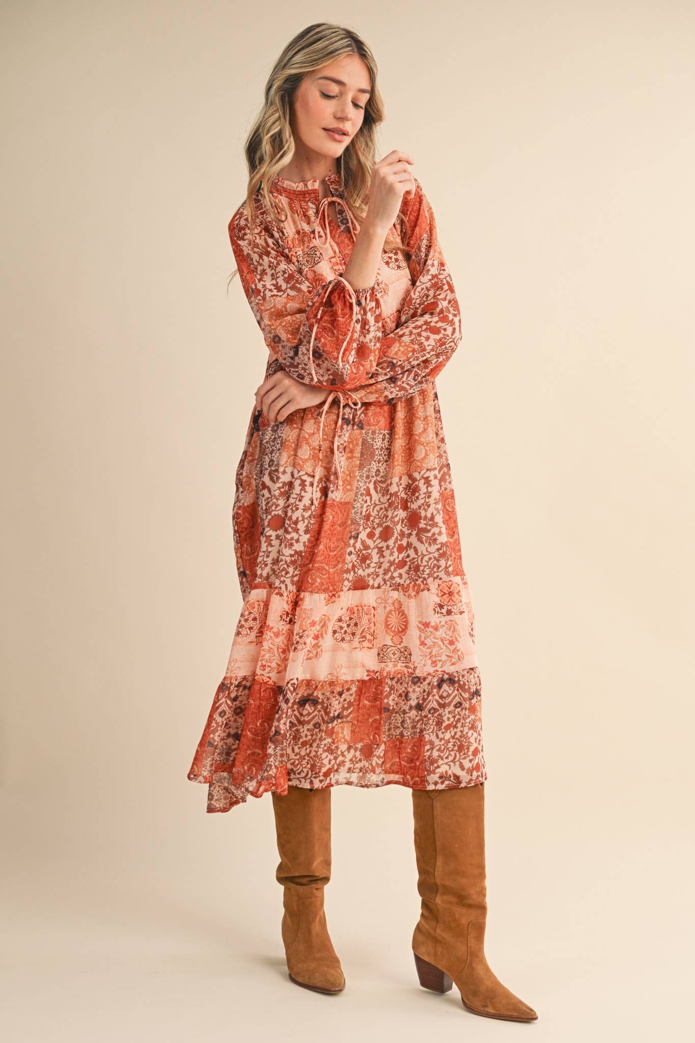PATCHWORK PRINT MIDI DRESS