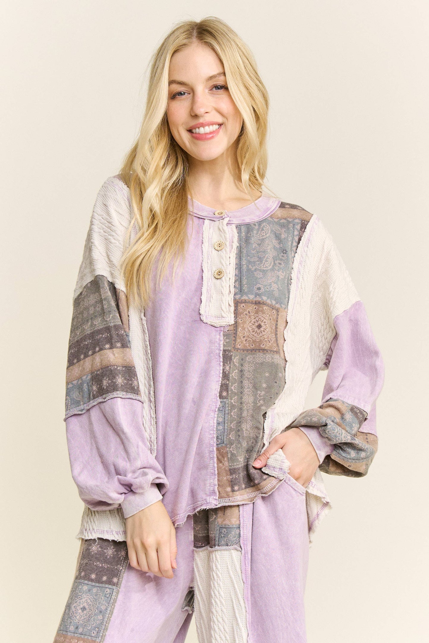 Mineral Washed Bandana Patchwork  Sweater Top