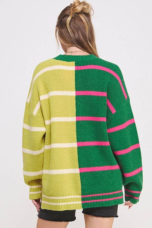 ROUND NECK STRIPED COLOR BLOCK SWEATER