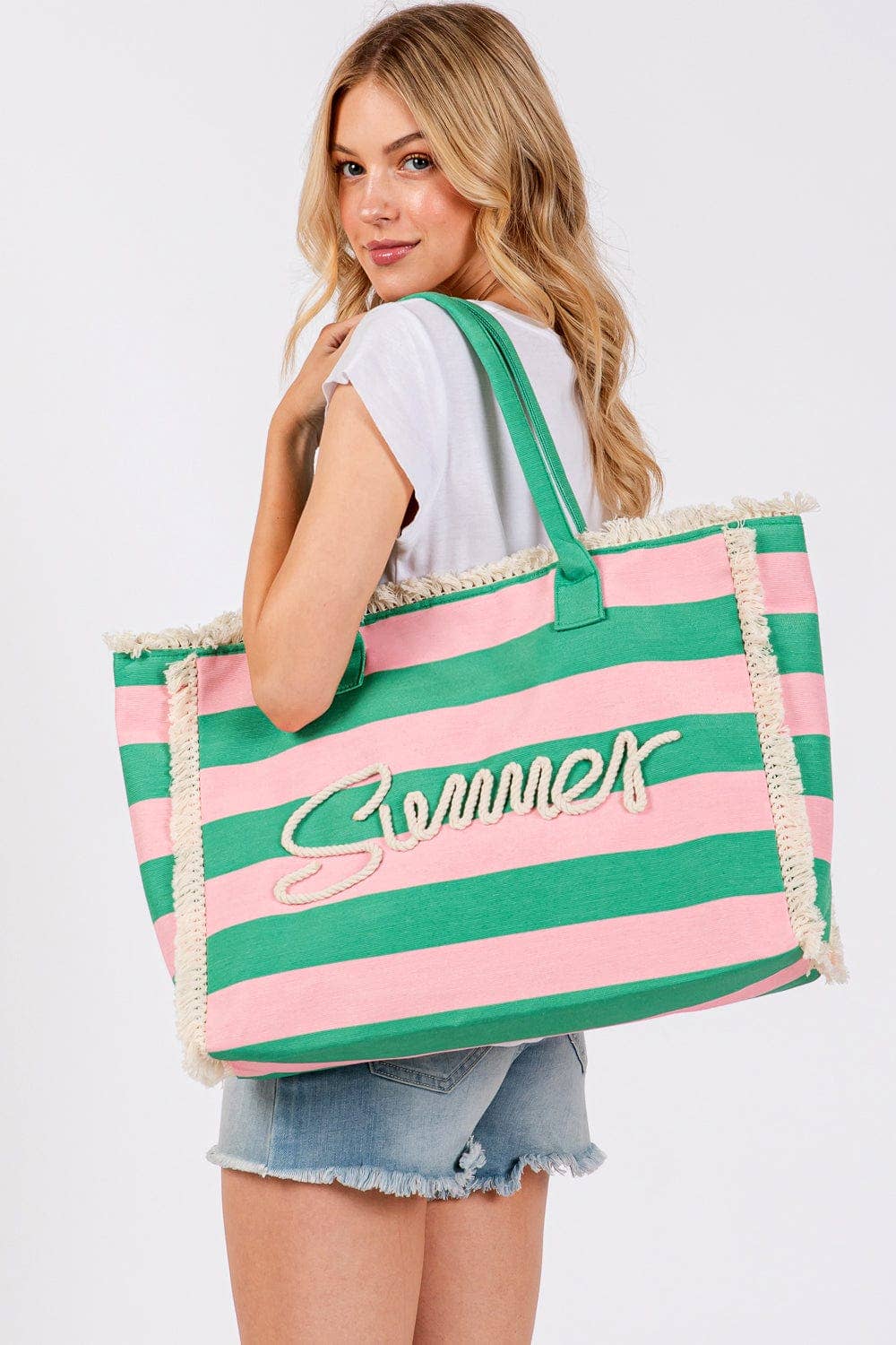 Summer Fringe Striped Tote Bag