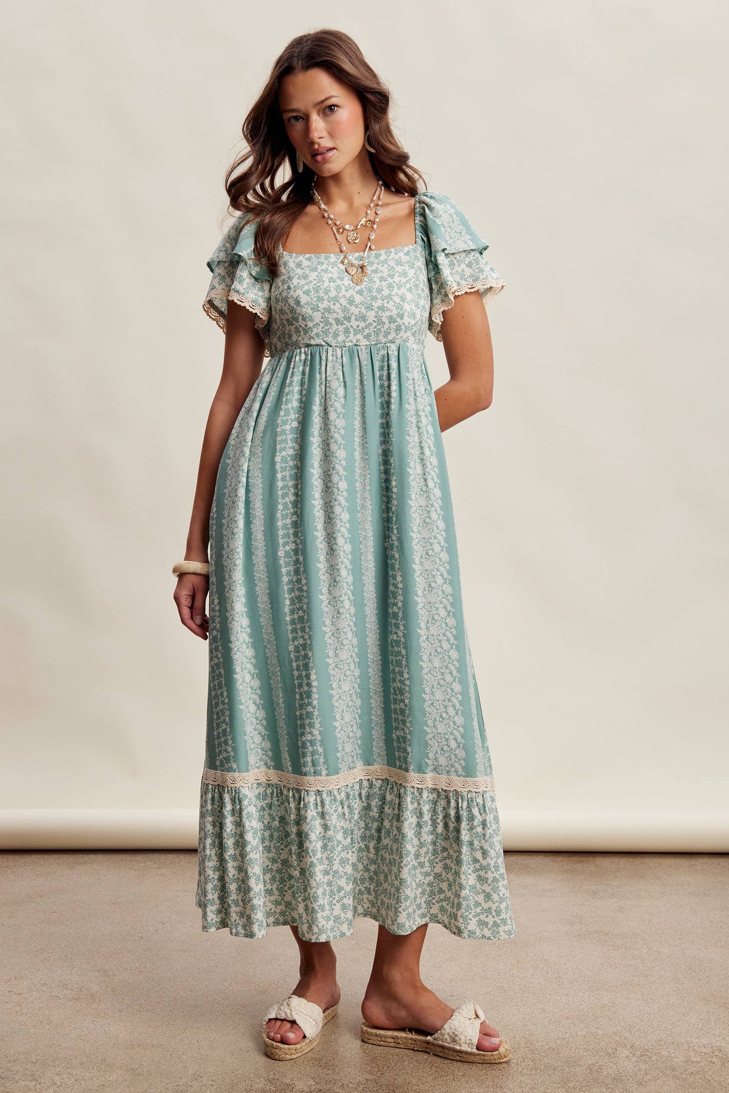 Floral Border Print Flutter Sleeve Maxi Dress