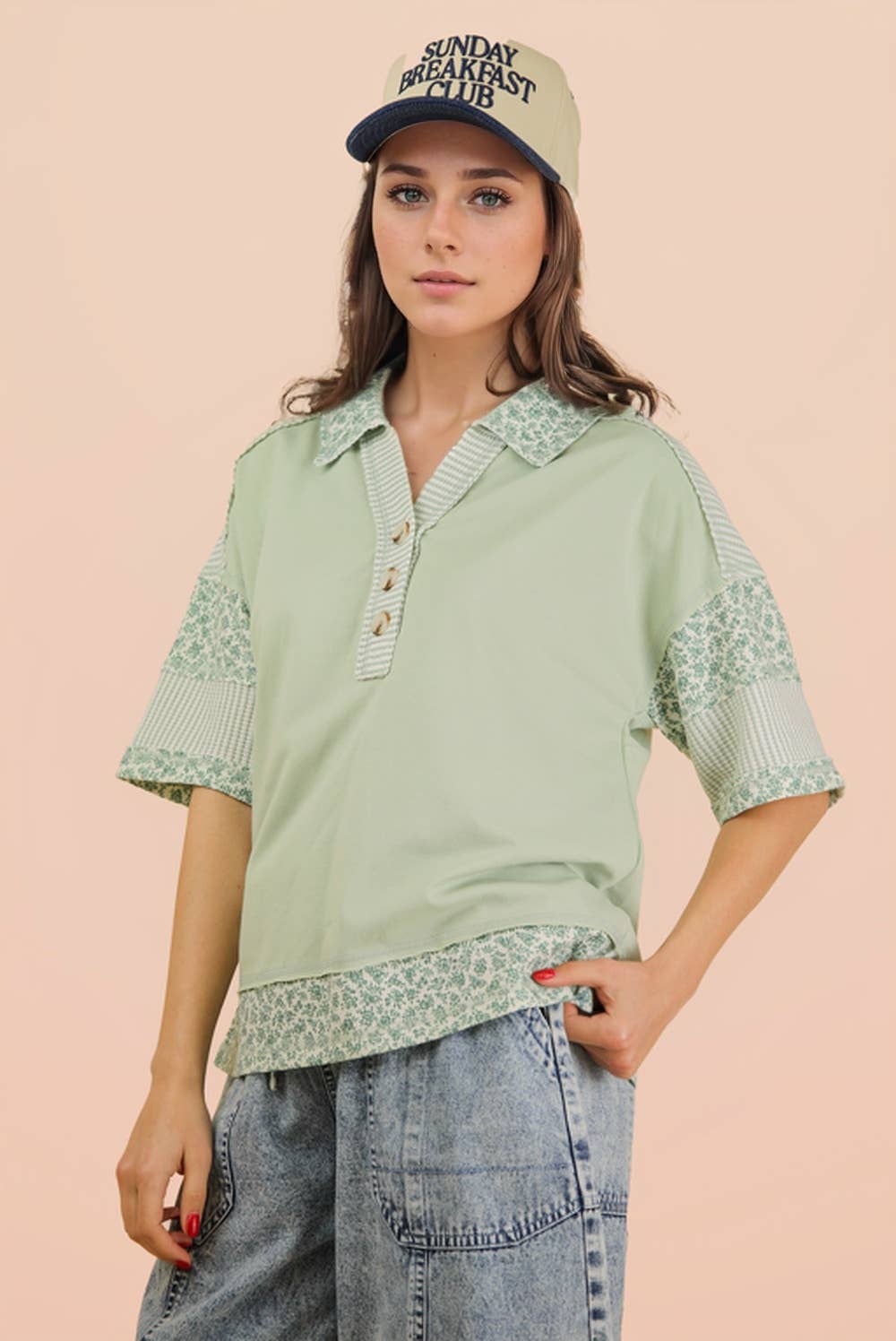 Oversized Half Button Down Collared Knit Top