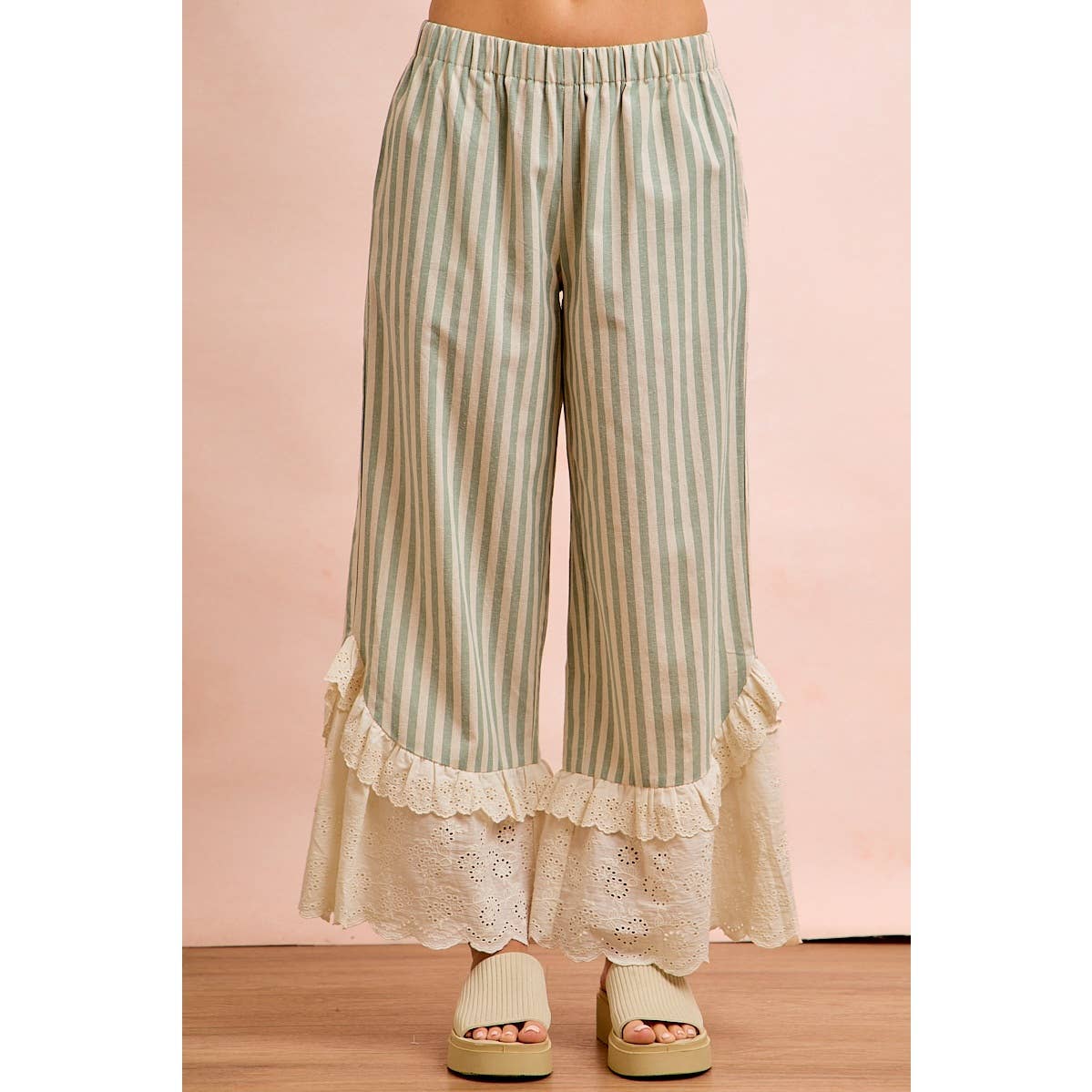 STRIPE WOVEN RUFFLED LACE HEM PANTS WITH SIDE POCKET