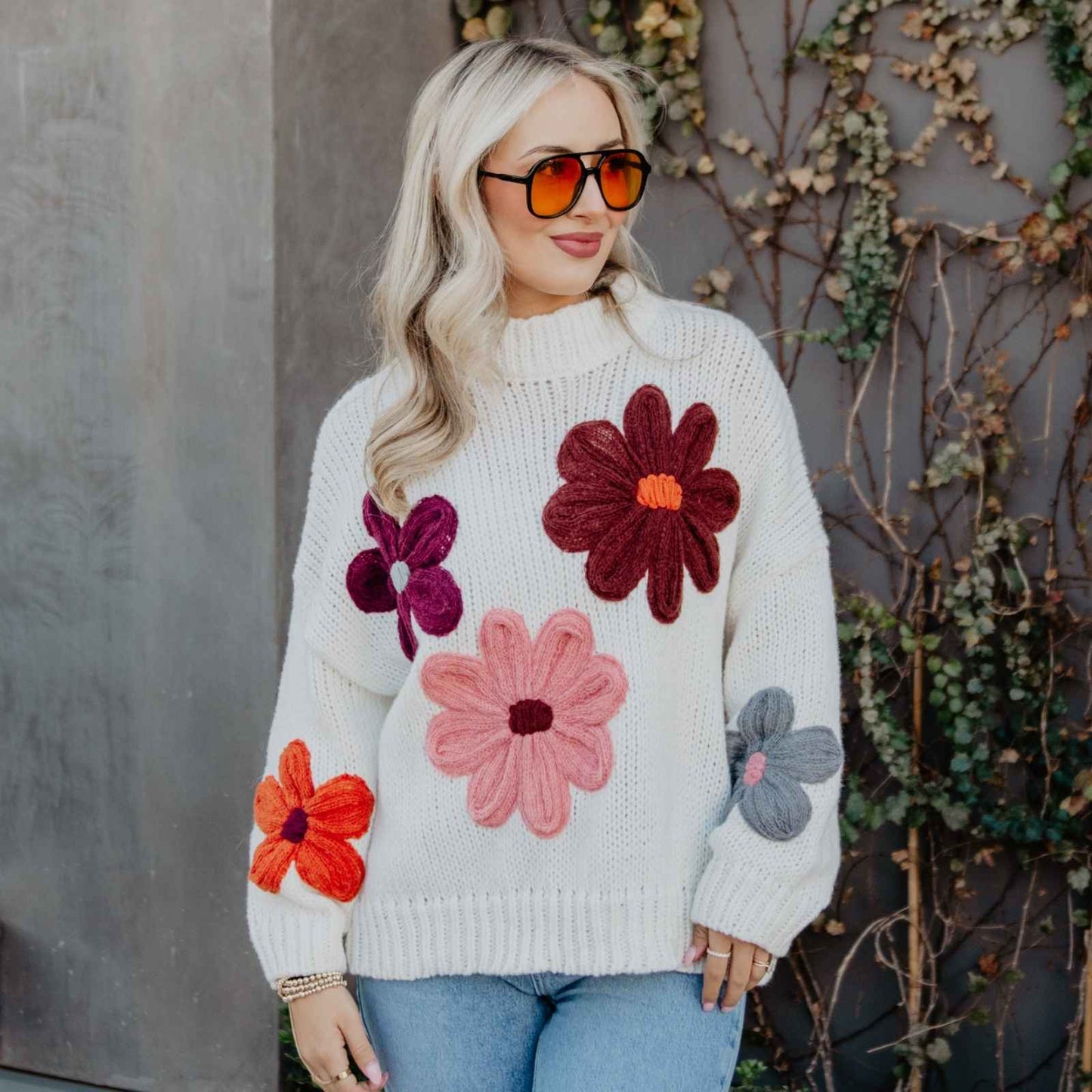 White Floral Wholesale Warm Fall Stitched Sweater