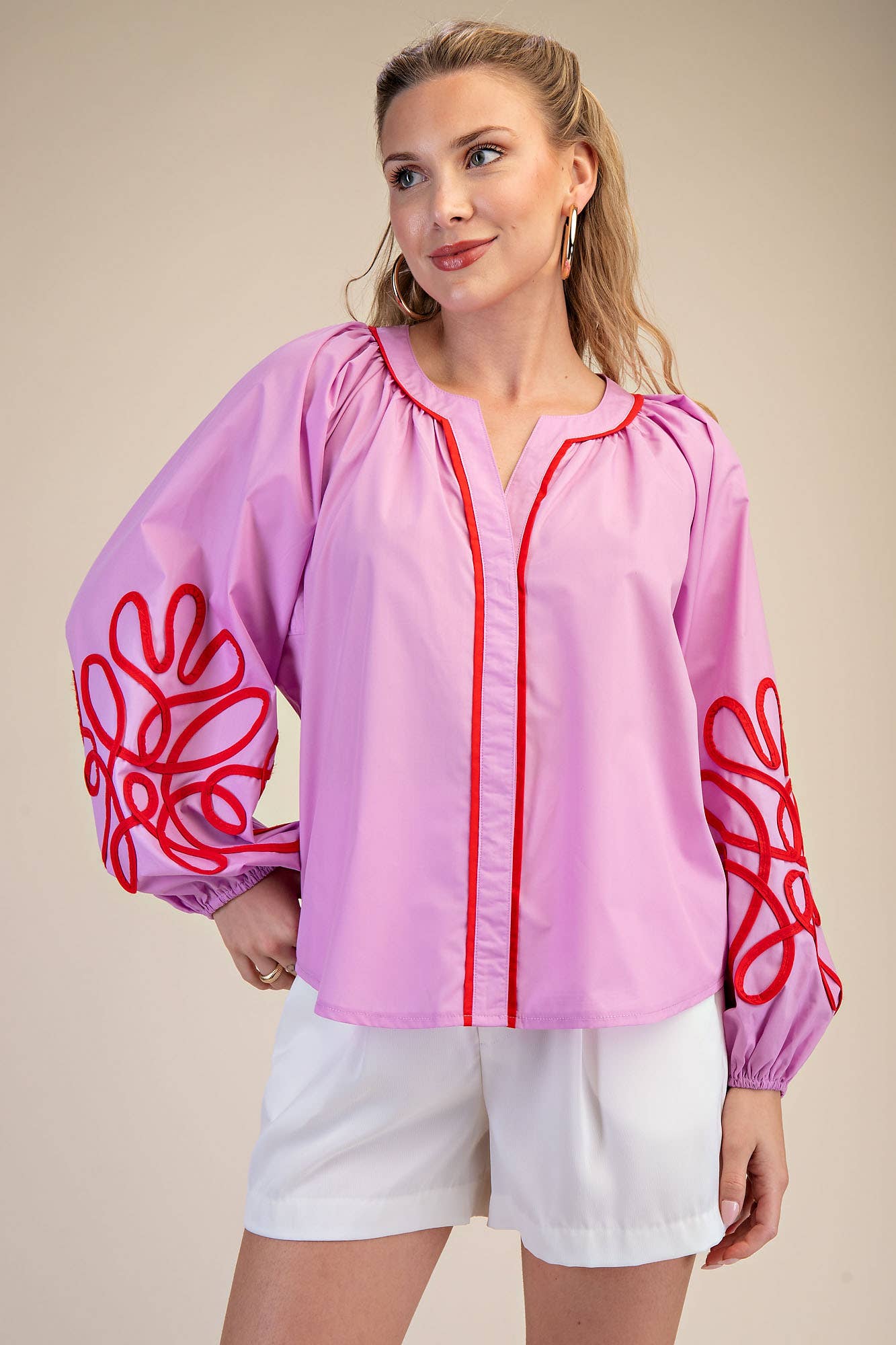 Soutache Contrast Detail Puff Sleeve Blouse