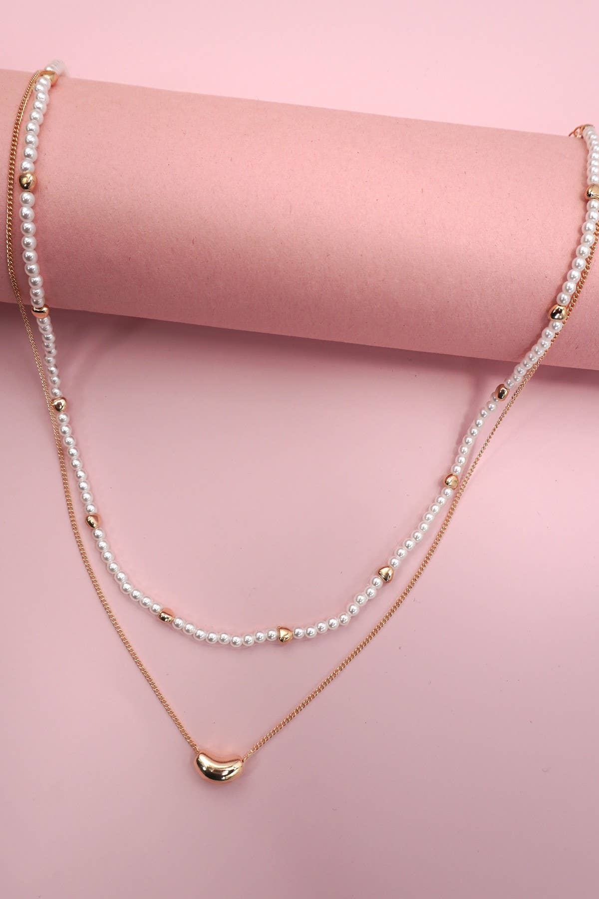 DOUBLE LAYER PEARL GOLD CHAIN BEAN CHARM NECKLACE