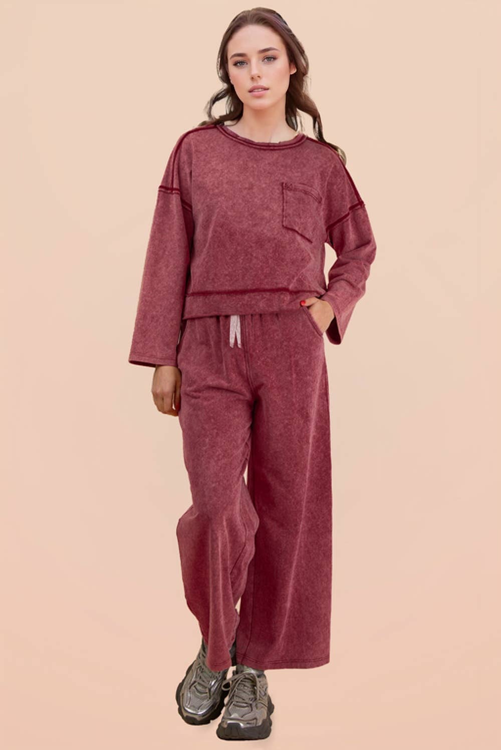 Mineral Washed Casual Knit Top & Pants Set