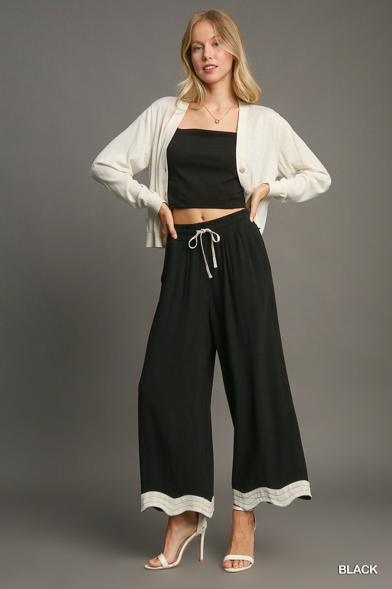 Linen Scalloped Hem Pants
