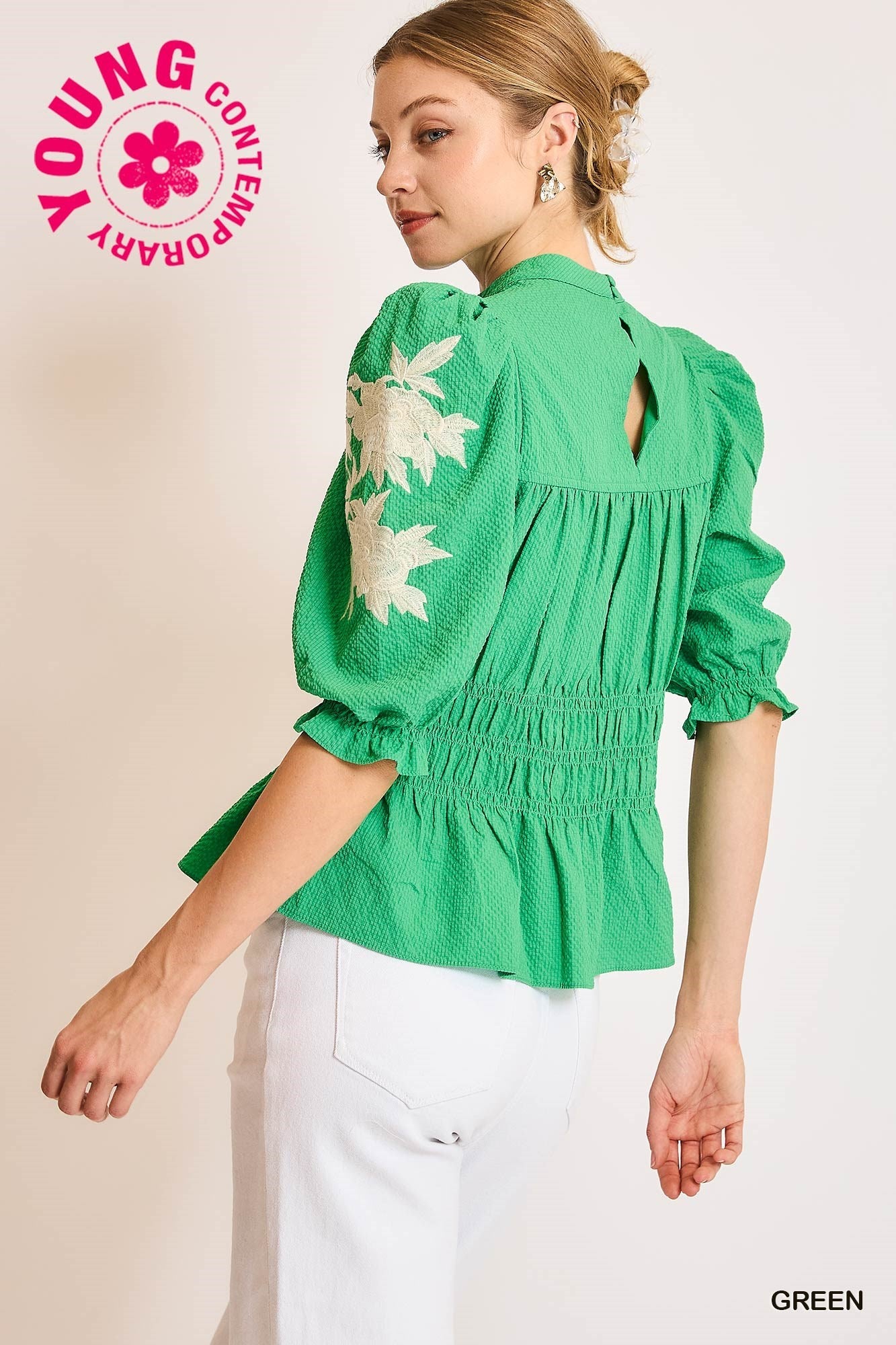 Peplum Blouse/Embroidered Puff Sleeve