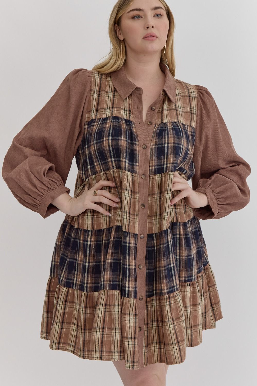 Corduroy Plaid TieredMini Dress