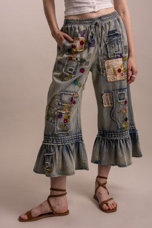 Embroidery Patchwork Ruffle Cropped Pants