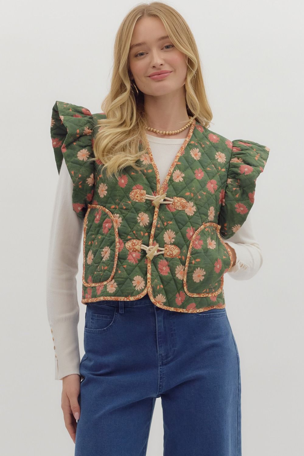 Floral Print Quilted Ruffle Sleeve Vest