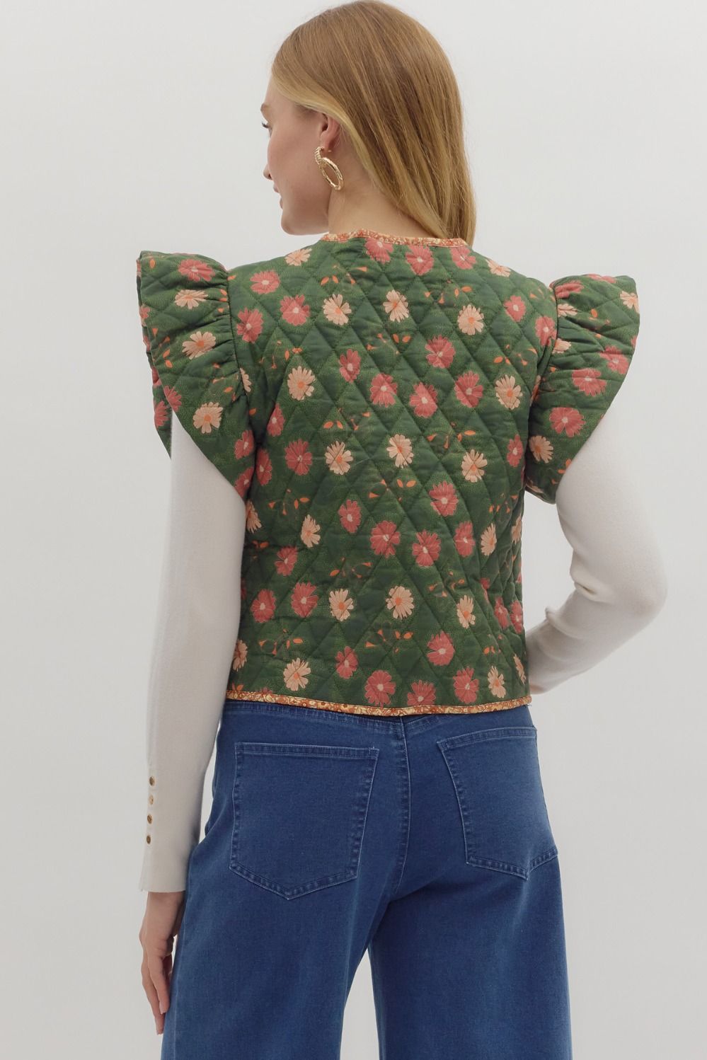 Floral Print Quilted Ruffle Sleeve Vest